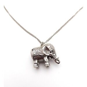 Silver Tone Elephant Pendant Necklace Boho Long Chain Good Luck